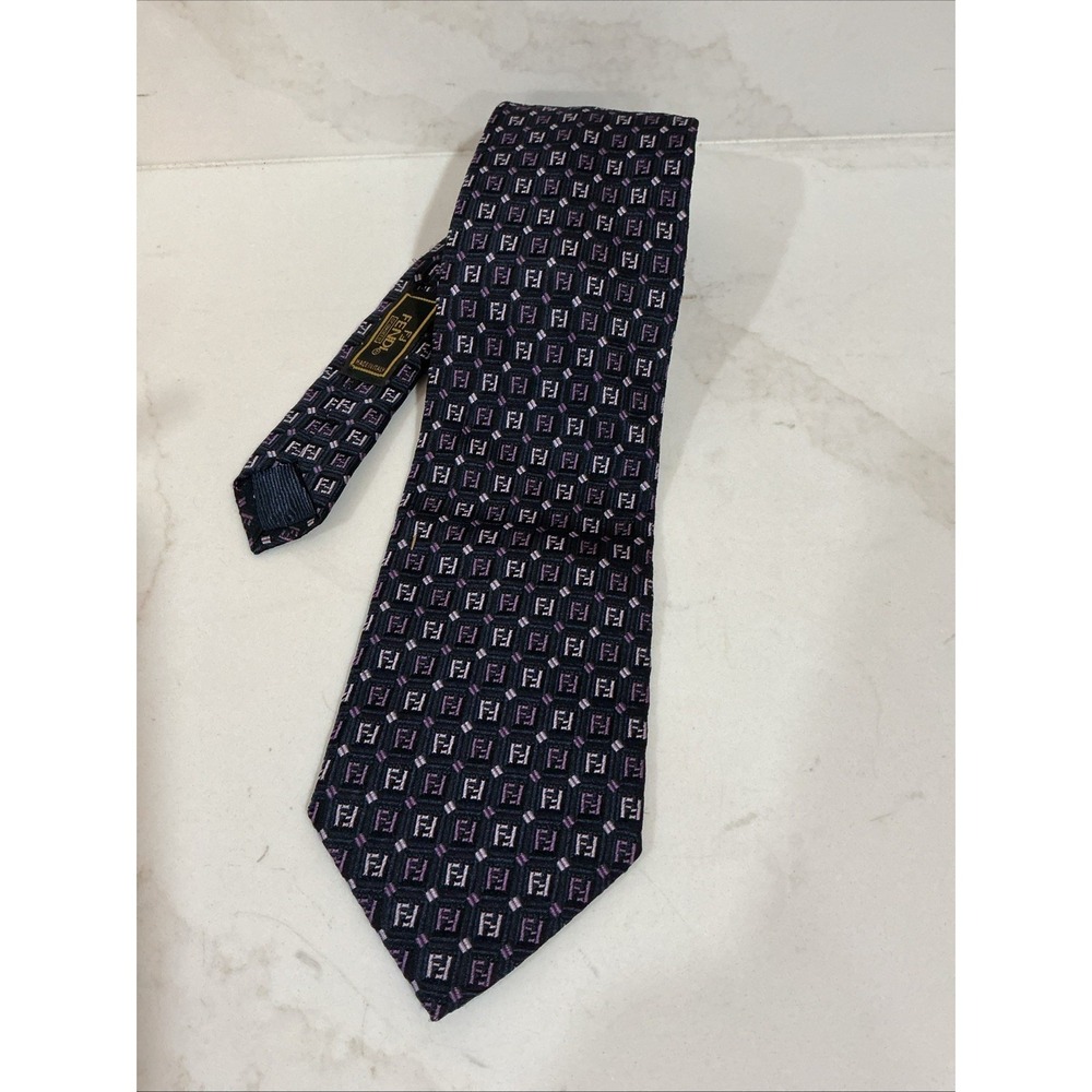 Fendi Cravatte Silk Tie Black Purple Zucca Monogram FF Logo Made in Italy Luxury